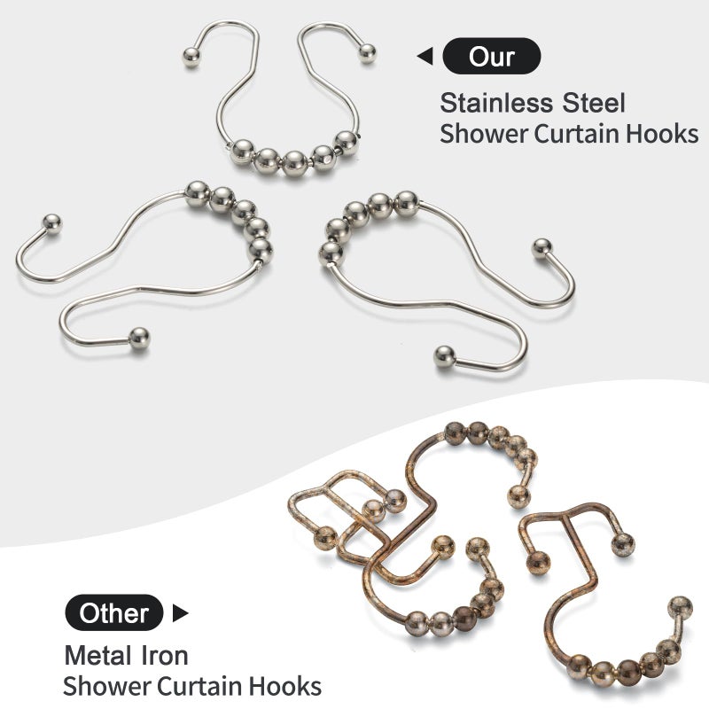 Goowin Shower Curtain Hooks, 12 Pcs Shower Curtain Rings, Stainless Steel Brush Nickel Shower Curtain Hooks Rings Rust Proof, Smooth Sliding Anti-Drop Double Shower Hooks for Shower Curtain (Nickel) - Image 2